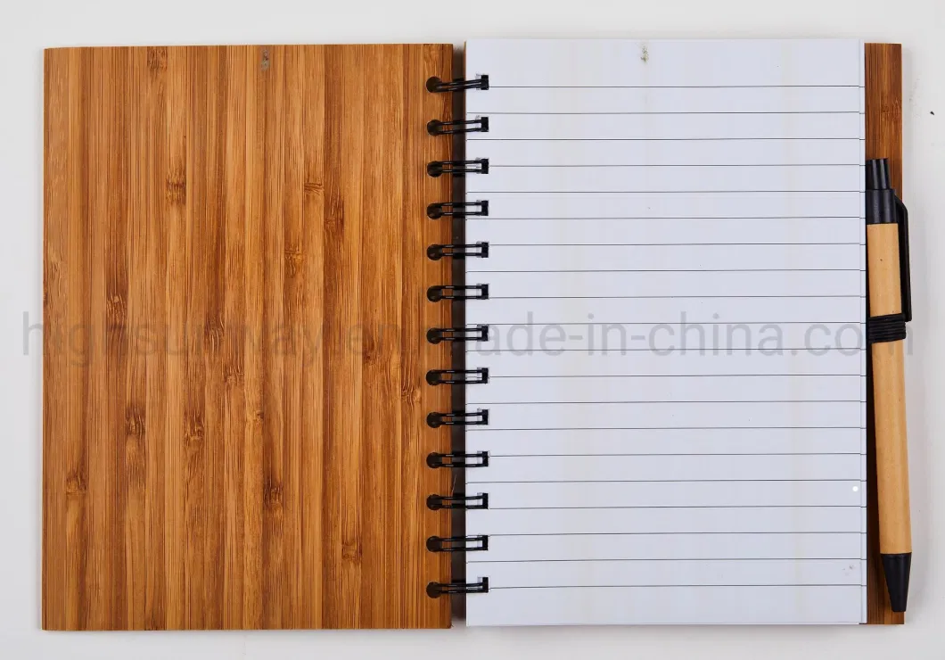 Office Supply Bamboo Cover Spiral Notebook with Ball Pen for Promotional Gift